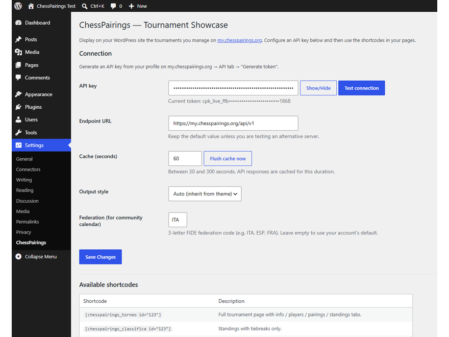 ChessPairings plugin settings page